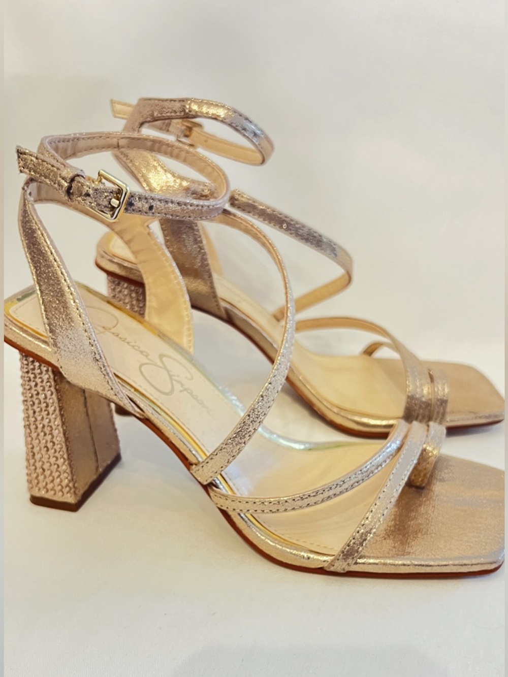 Rose Gold Strappy Block Heel Sandals NWOT